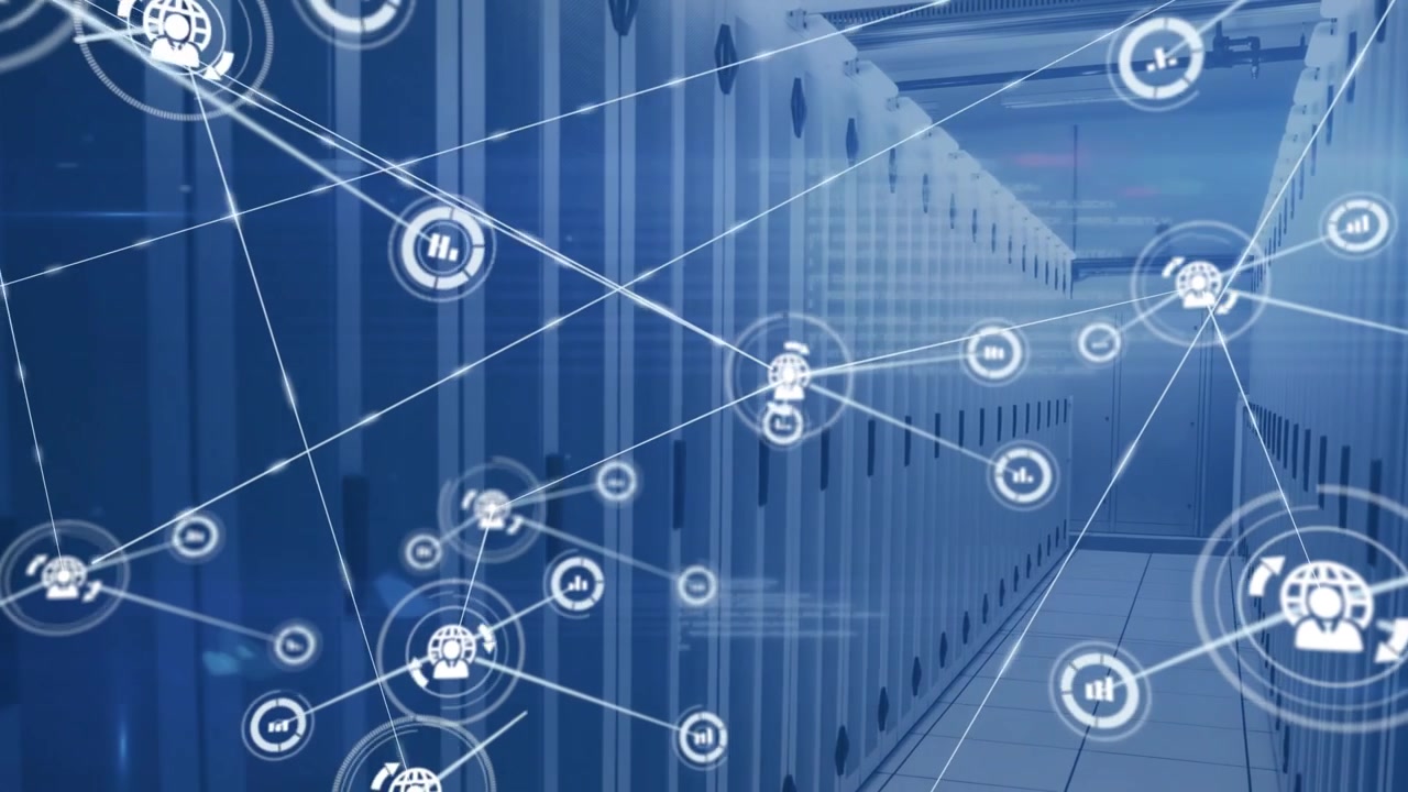 Data center hub popping up and sending white lines to spawn data nodes representing network growth