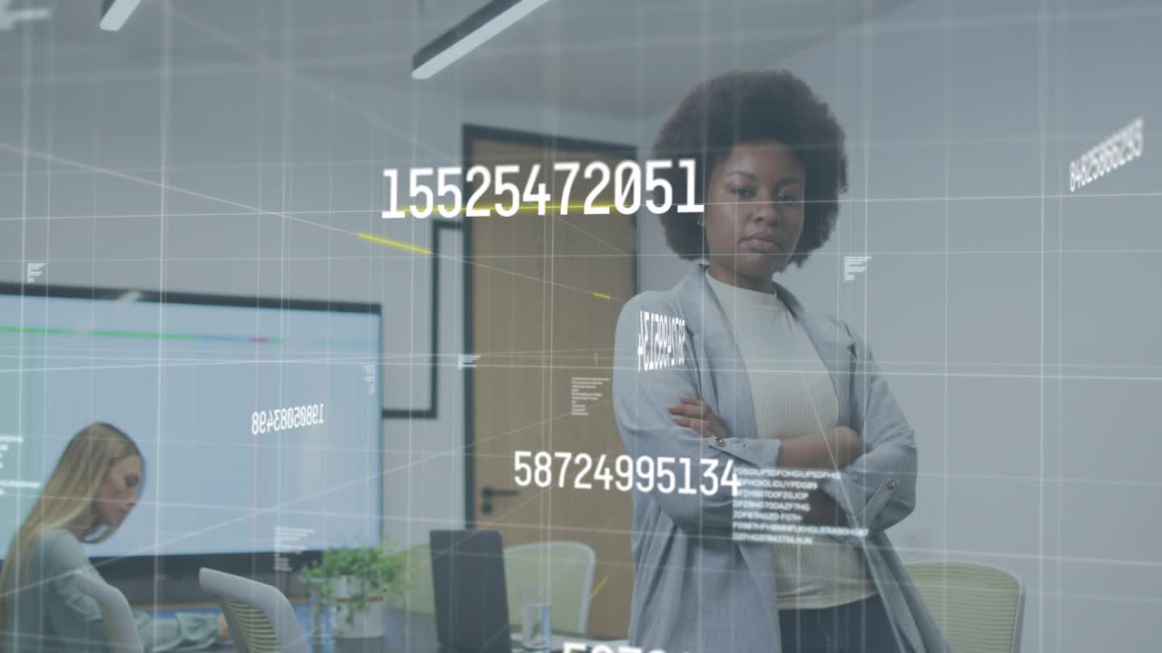 Seconds sparking tech data overlay swirling around leader while colleague writing until dissolving