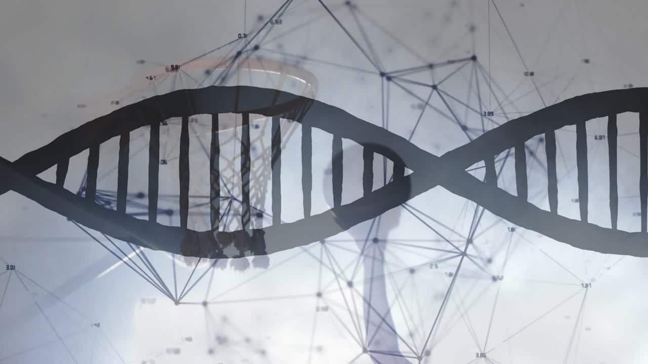 Male basketball player raising ball and shooting to score while DNA helix overlaying, revealing net