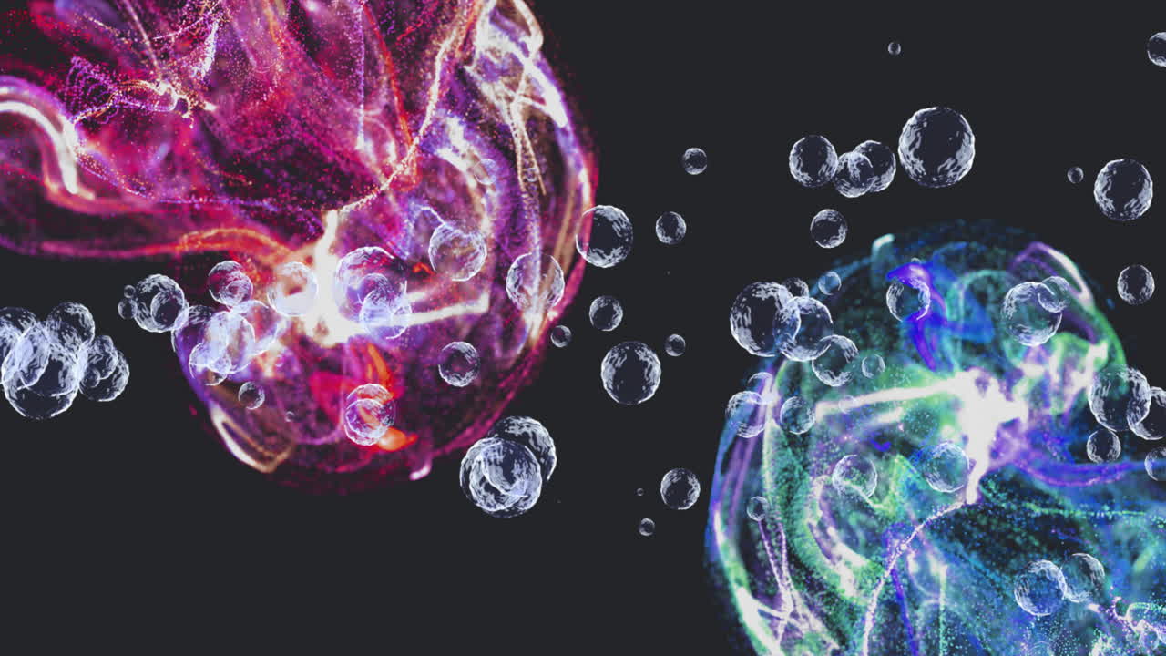 Animation of glowing light spots and light trials moving over black background