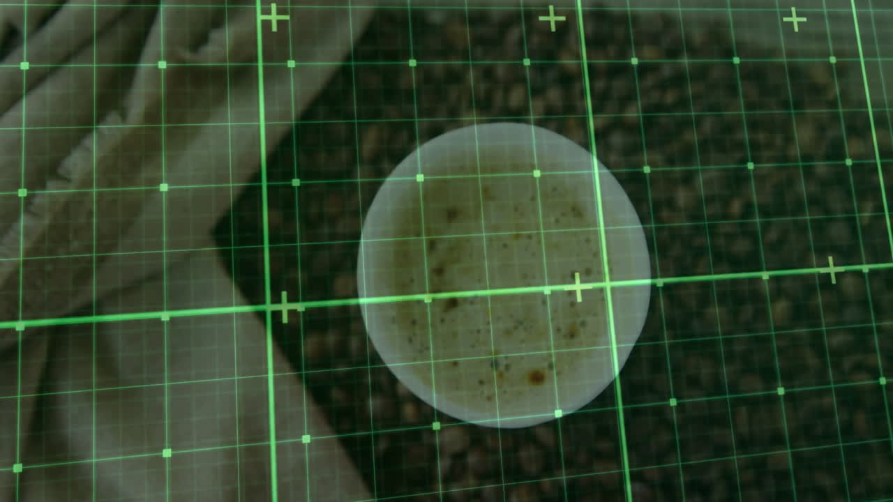 Circular coffee cup being animated in flat 3D HUD interface, showing speckled latte foam