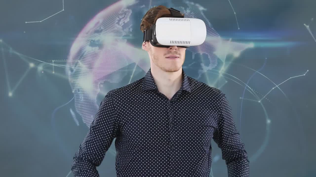 animazione di un uomo caucasico che indossa una cuffia vr su reti di connessioni e globo