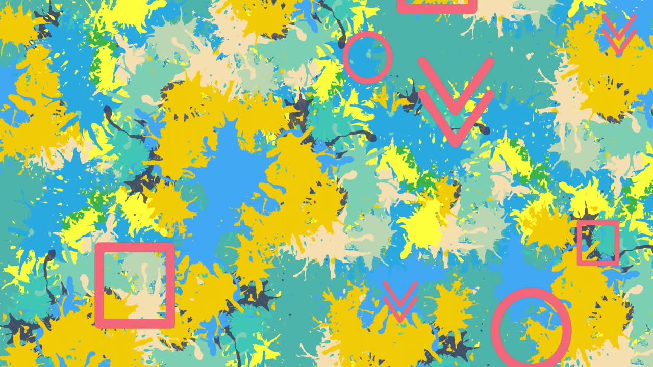 파란색 배경에 폭발하는 다채로운 페인트 위에 떨어지는 기호의 애니메이션