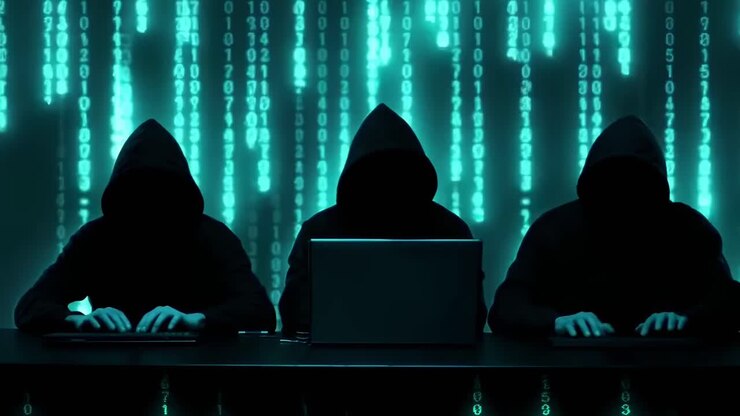 Tre figure incappucciate a computer portatili, angolazione dal basso, in un ambiente di matrice digitale, come un videogioco