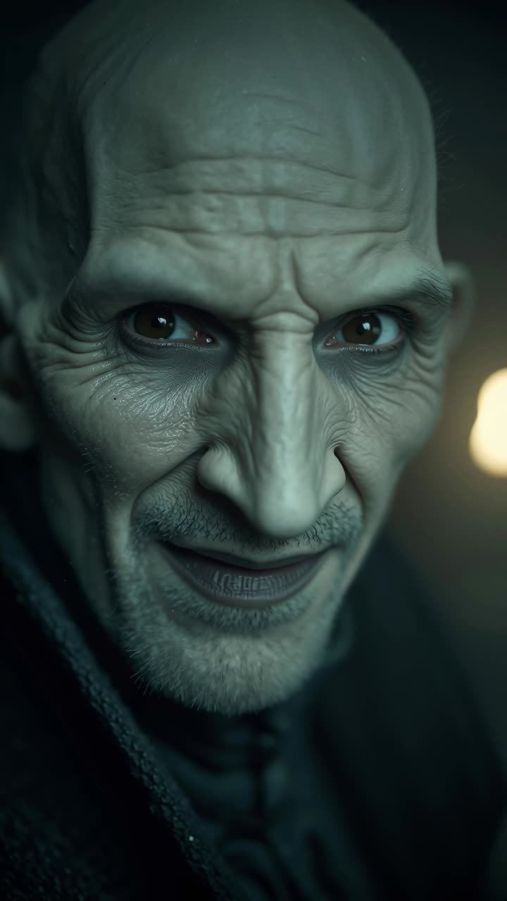 A close up of a man with a bald head and a black jacket