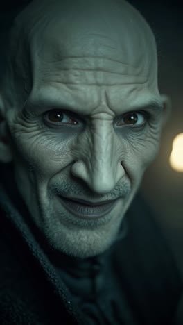 a close up of a man with a bald head and a black jacket