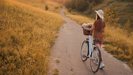 Back-plan-slow-motion:-a-Beautiful-blonde-in-a-dress-with-flowers-in-a-basket-and-a-retro-bike-walks-along-the-road-in-the-summer-field-looking-around-and-smiling-feeling-free.