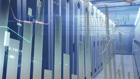 animación del procesamiento de datos estadísticos en una sala de servidores de computadoras vacía