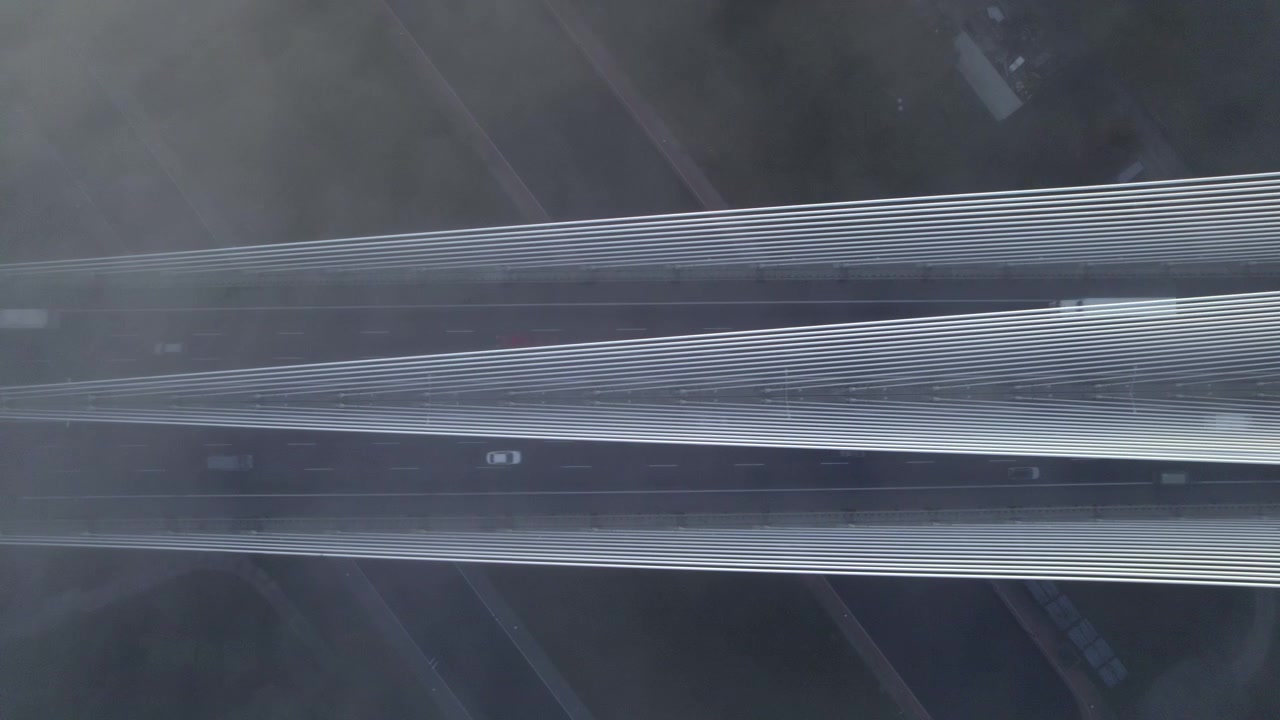 Auto e camion attraversano un ponte autostradale avvolto da una fitta nebbia, creando una scena misteriosa e suggestiva. La scarsa visibilità enfatizza la quiete dell'ambiente circostante.