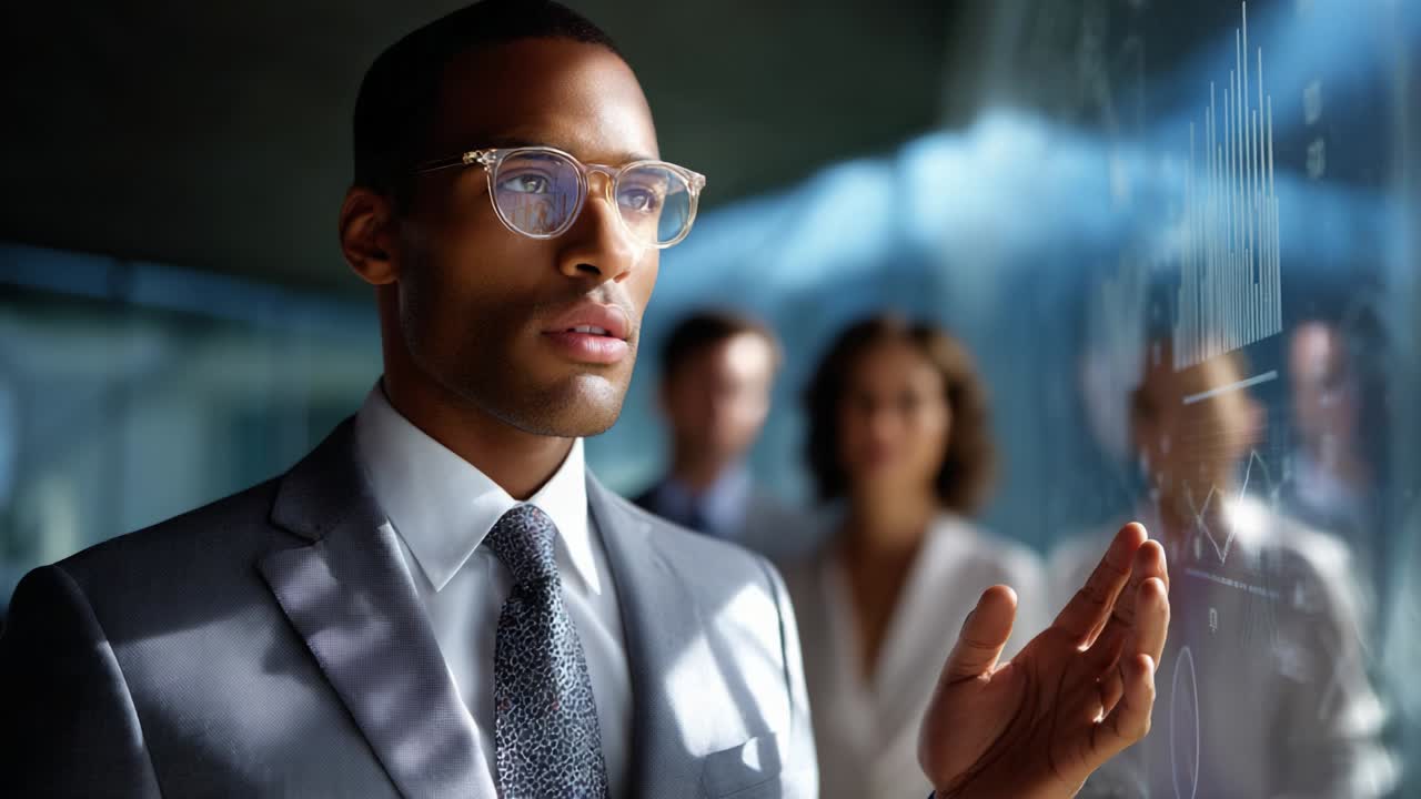 A businessman in a tailored suit and glasses engages with digital data on a transparent screen, exuding confidence and focus while being observed by colleagues in a modern corporate environment