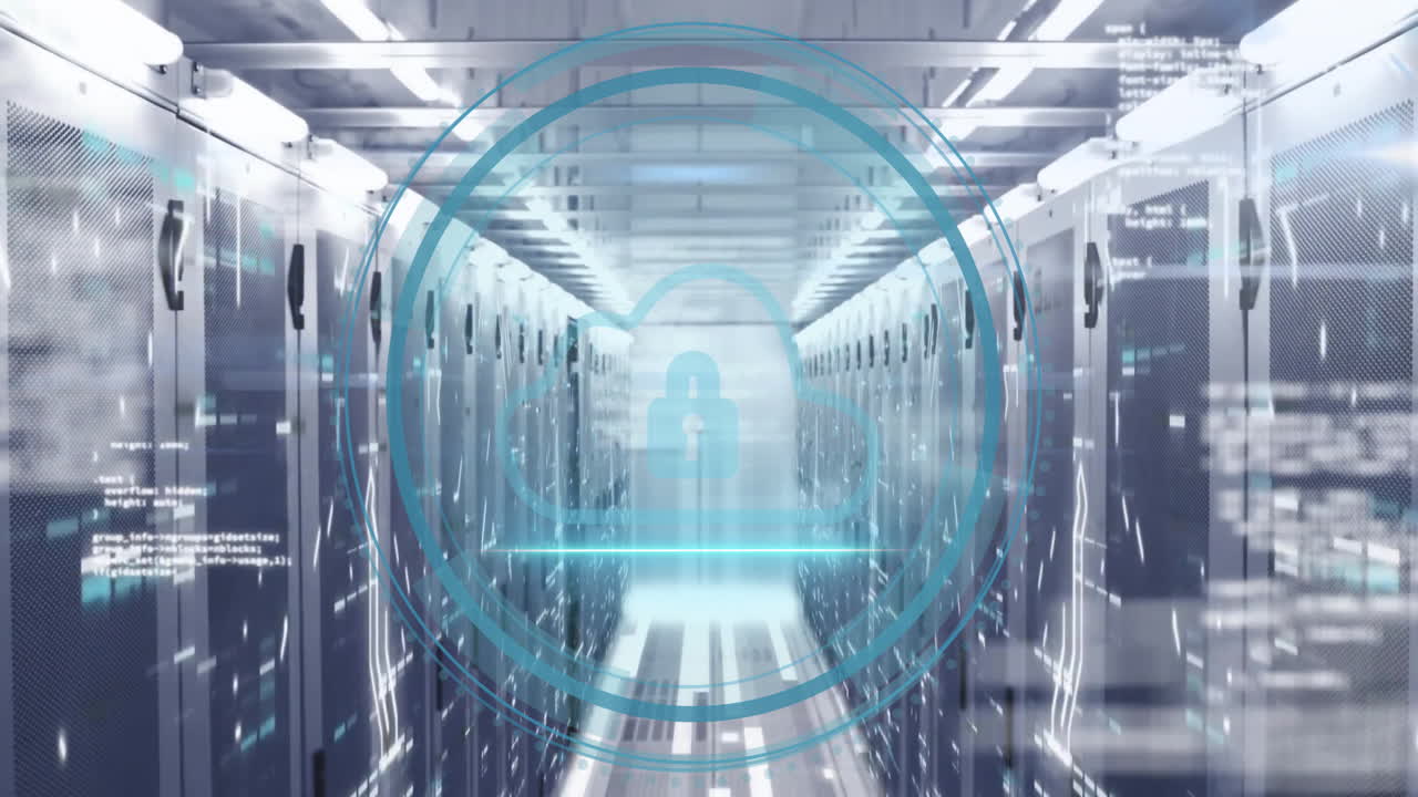 Futuristic digital security lock animation over data servers in modern facility