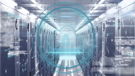 futuristic digital security lock animation over data servers in modern facility