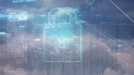 animation of network of connections and digital padlock over clouds