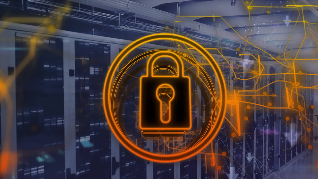 Animation of scope with padlock and data processing over computer servers