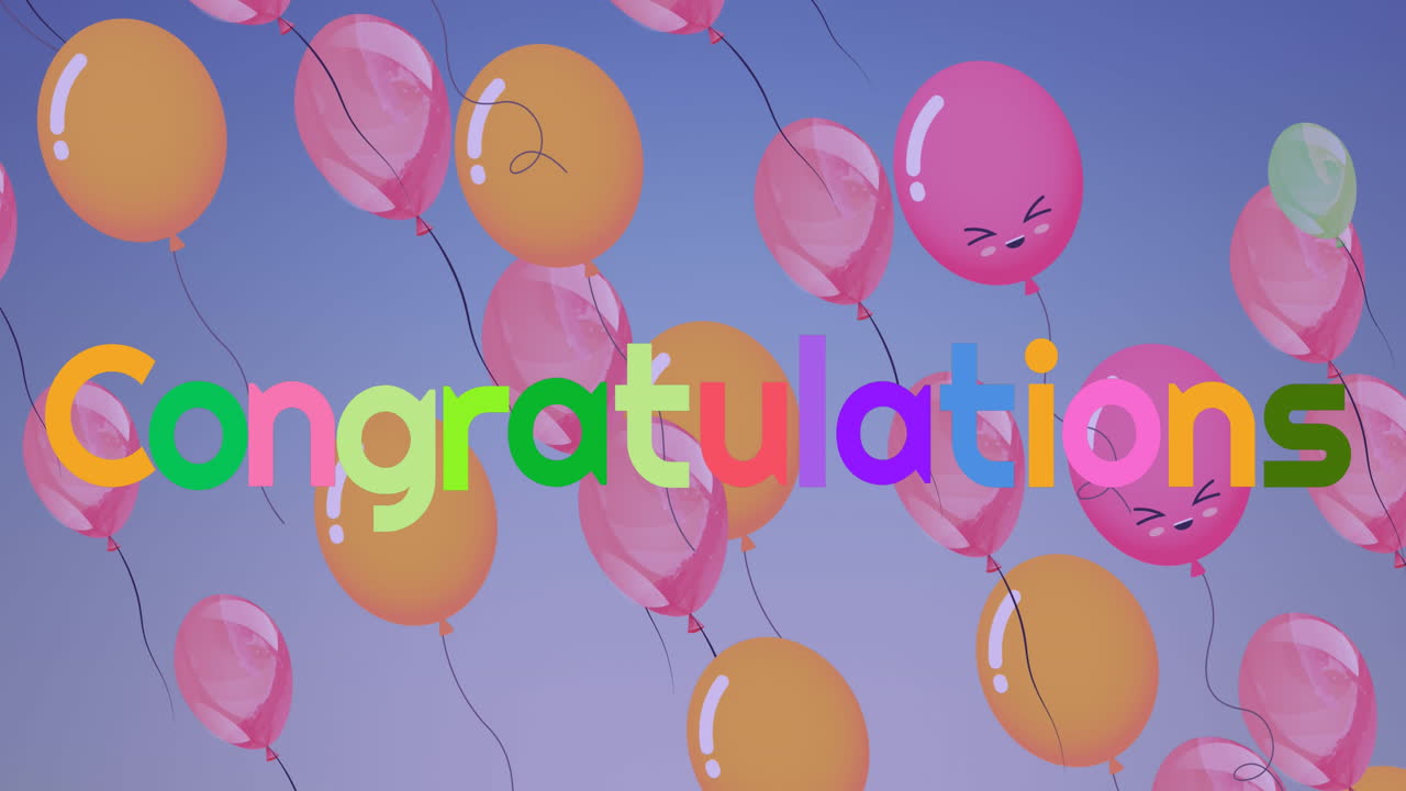 파란색 배경에 떠다니는 다채로운 풍선과 축하의 애니메이션