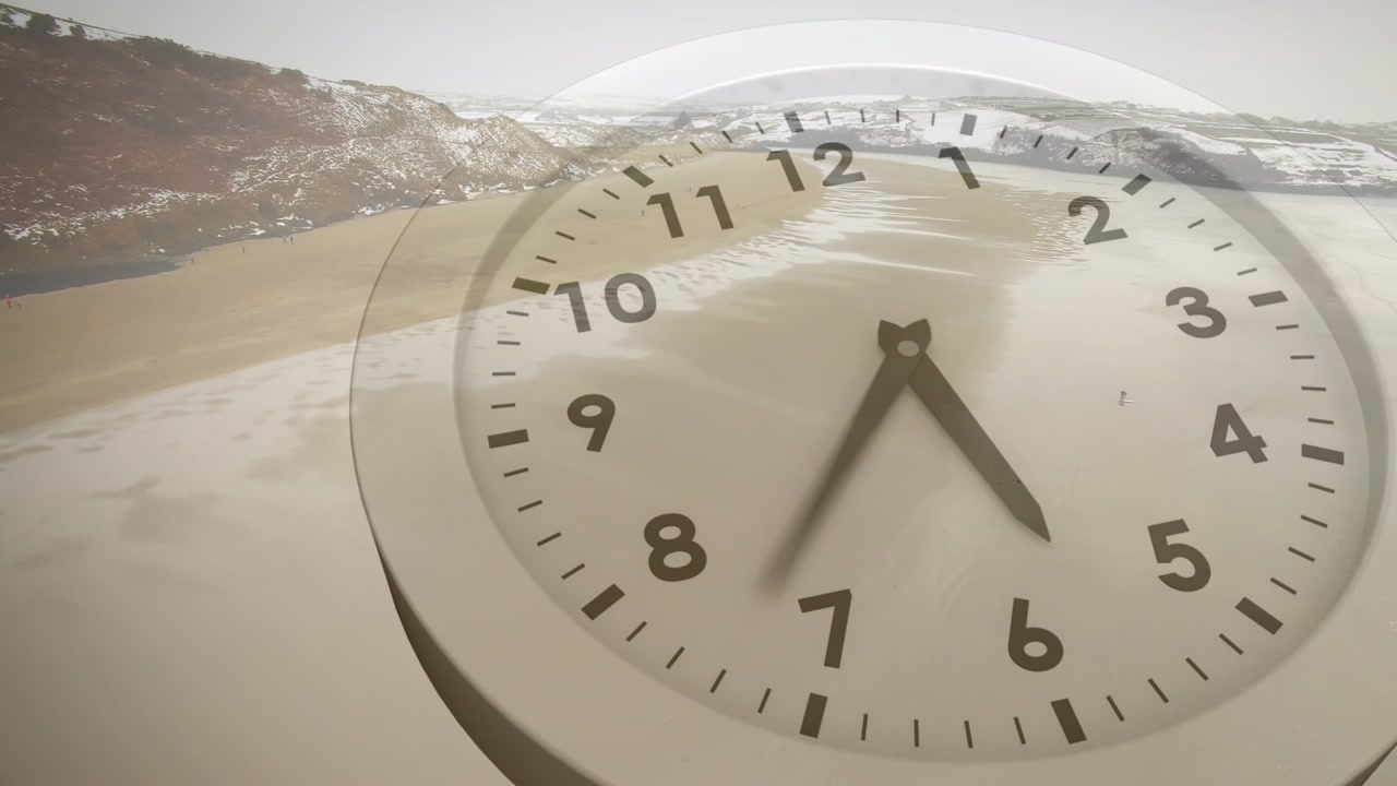 Clock overlay appearing over aerial coastline, hands sweeping clockwise, accelerating, marking time