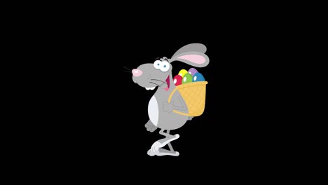 feliz conejo gris de pascua corriendo con una canasta y un huevo