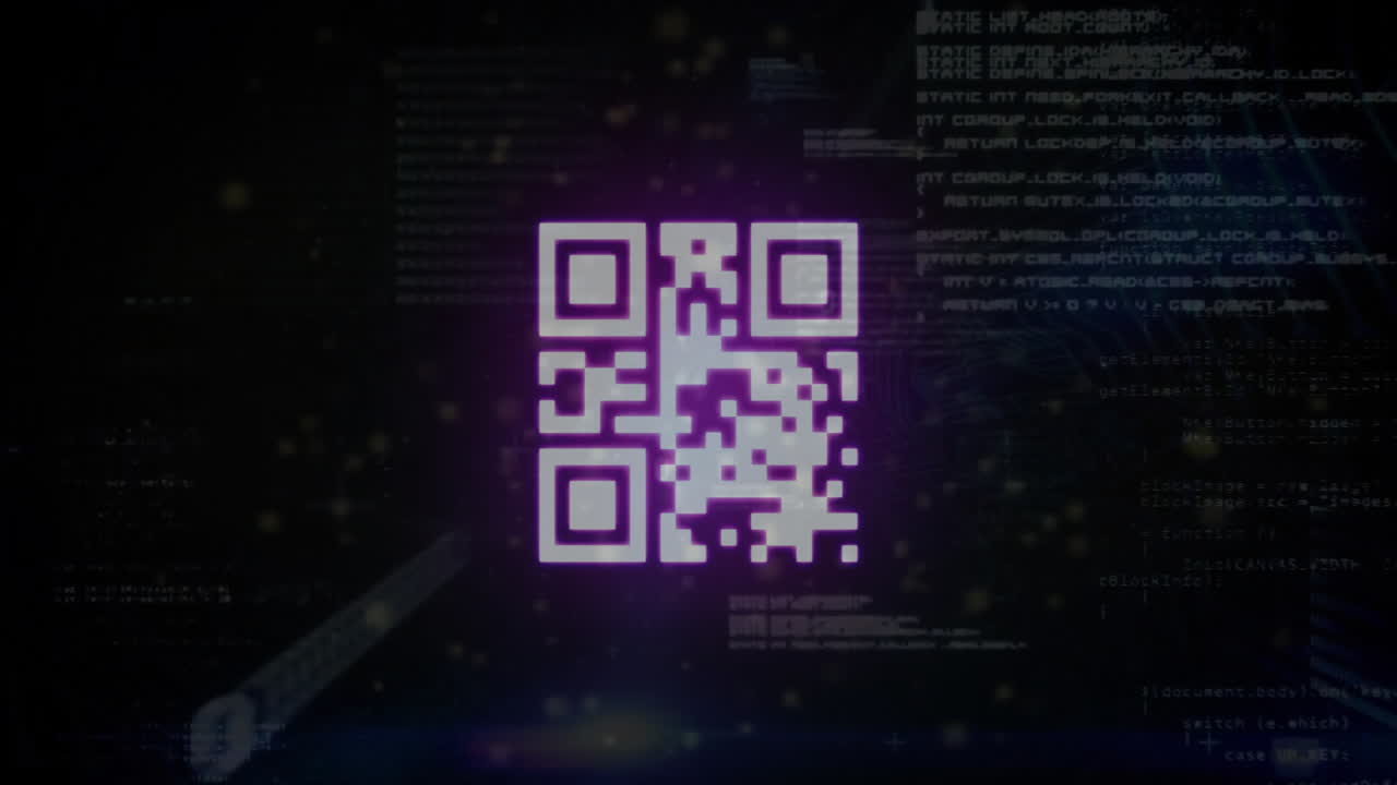 Animation of qr code over data processing on black background