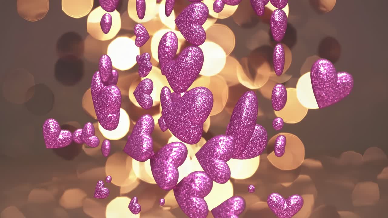 Many pink glittering hearts are falling on a golden bokeh background, creating a romantic and festive atmosphere, perfect for Valentine's Day or wedding celebrations