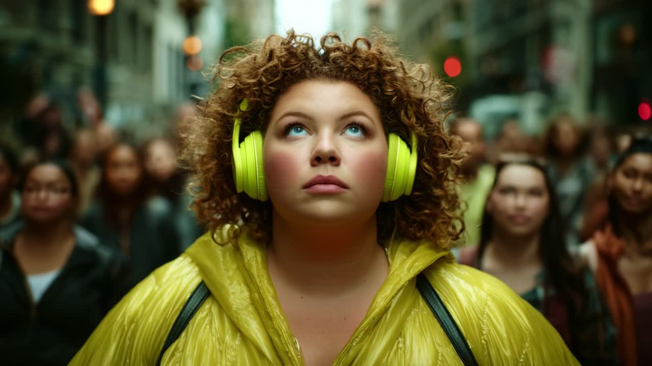 A Young Woman in a Bright Yellow Raincoat Listens to Music with Green Headphones, Lost in Thought Amidst a Bustling City Crowd, Showcasing Individuality in Urban Life