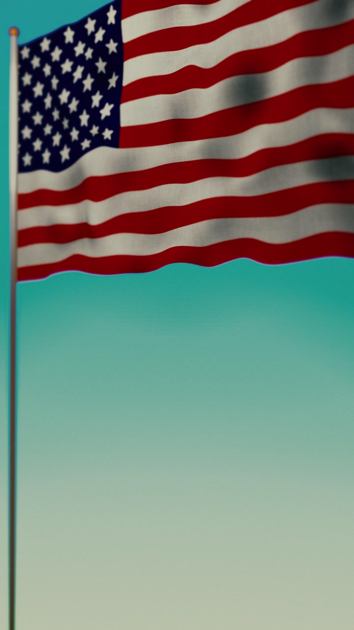 Vertical portrait orientation of the USA flag waving. Seamless loop 3D animation for mobile screens, Reels, and TikTok. Featuring blue sky and sunset background variants.