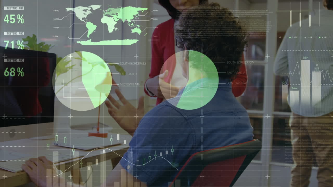 animación del procesamiento de datos estadísticos contra hombres y mujeres diversos discutiendo en la oficina