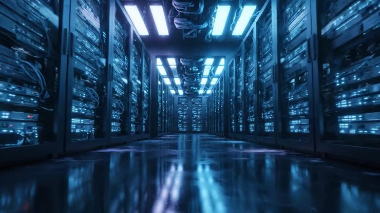 A Glimpse Into the Digital Realm: Illuminated Server Racks in a Modern Data Center with Luminous Blue Ambient Lighting