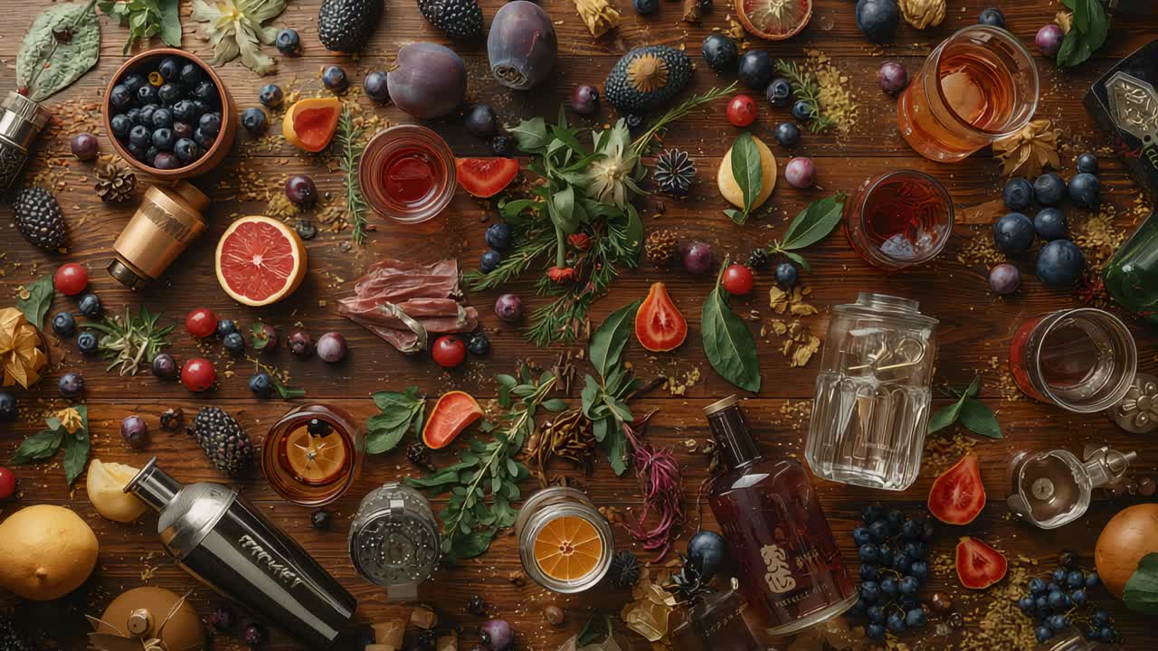 Panning camera che avanza su una scena di cocktail flat-lay su un tavolo di legno, rivelando agrumi e shaker