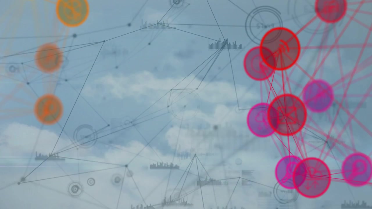 Magenta node cluster pulsing on signal, shifting center while links animating for data flow visuals