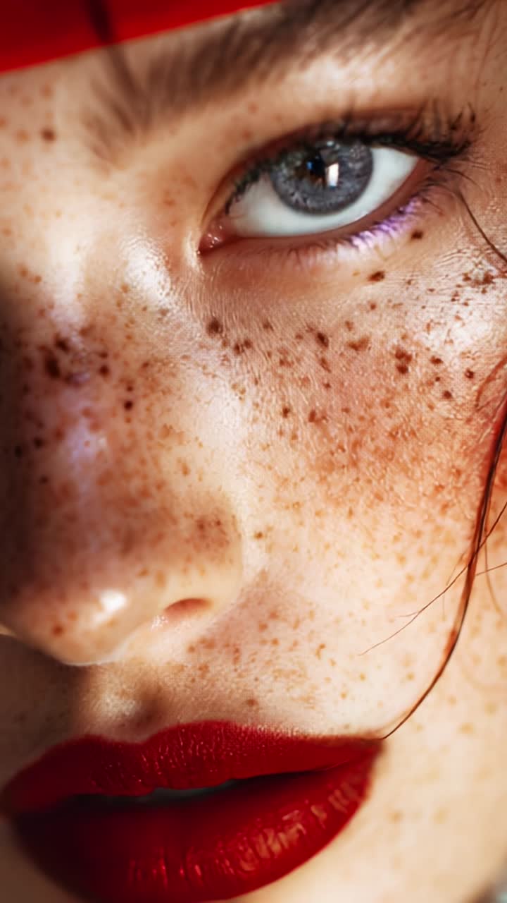 Accattivante primo piano di un volto lentigginoso che mette in risalto intriganti occhi azzurri e labbra rosso acceso, trasudando bellezza, sicurezza e maestria artistica in ogni fotogramma
