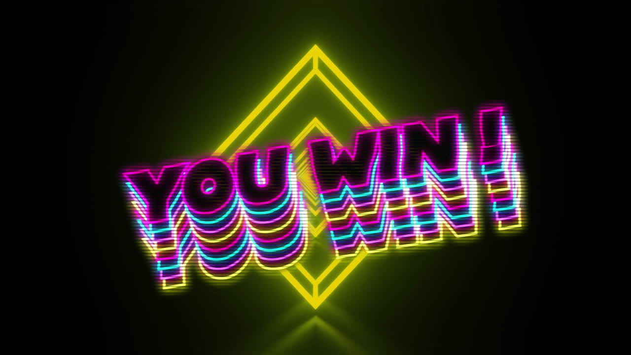 Neon YOU WIN! text animating with glitch effect, glowing diamond outlines radiating across screen