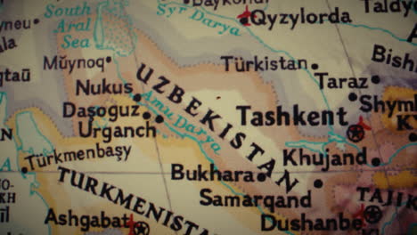 close-up of a map showing uzbekistan and turkmenistan