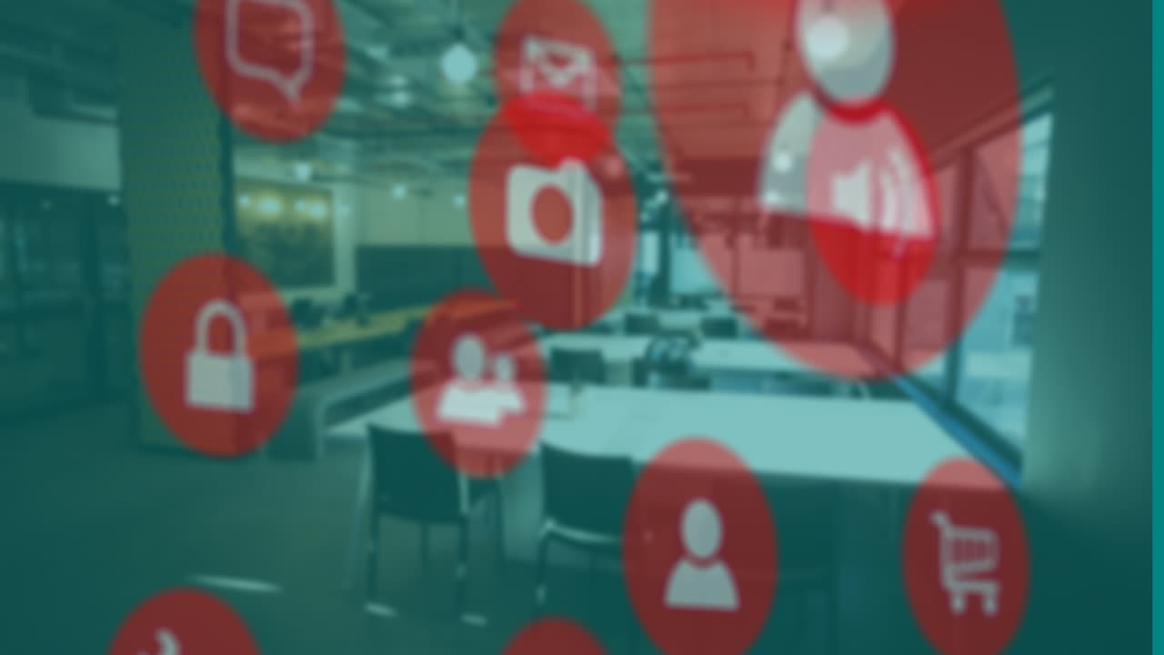 Floating red social media icons over modern office workspace with animation