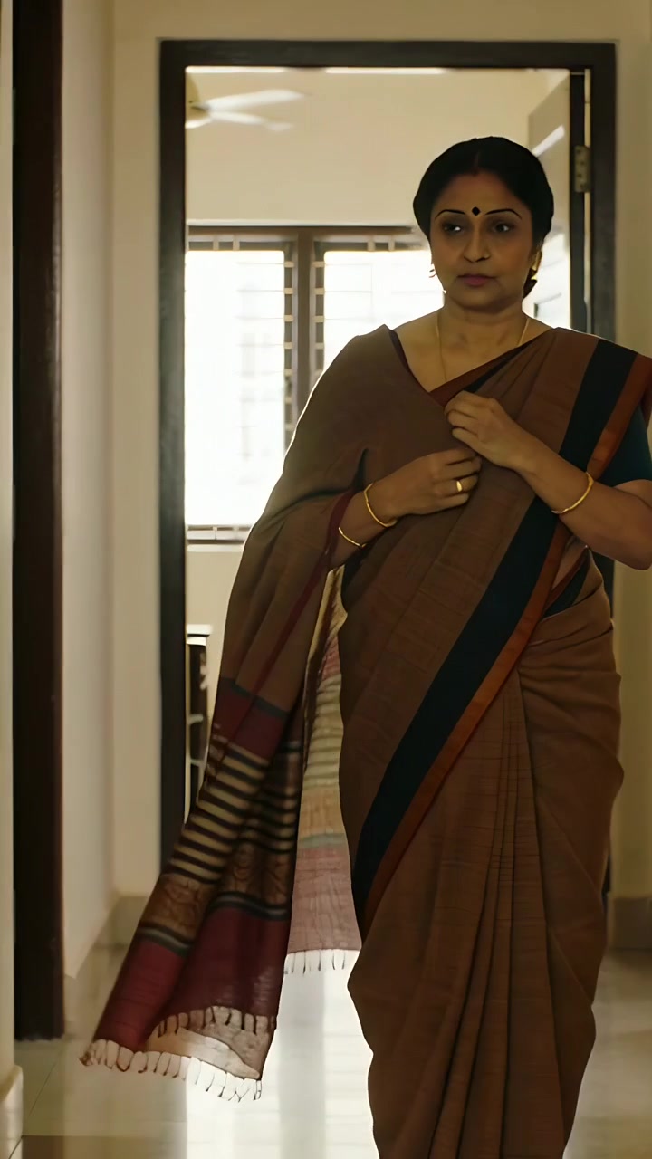 Video verticale: Donna indiana in sari che entra, tenendo e sistemando il pallu in corridoio, braccialetti d'oro.