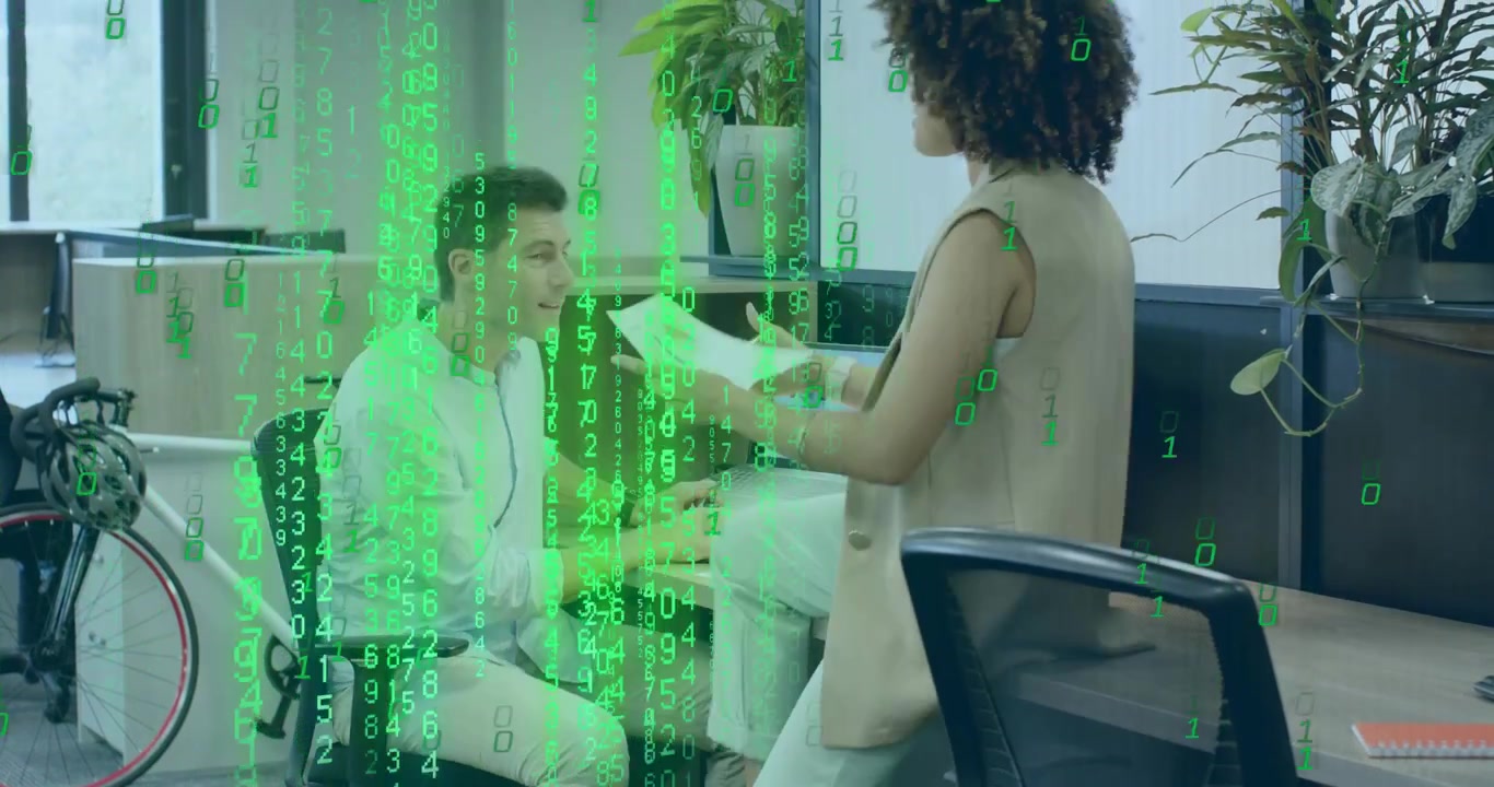 Man noting figures sparking code drift, woman bringing finance charts reviewing data on monitors