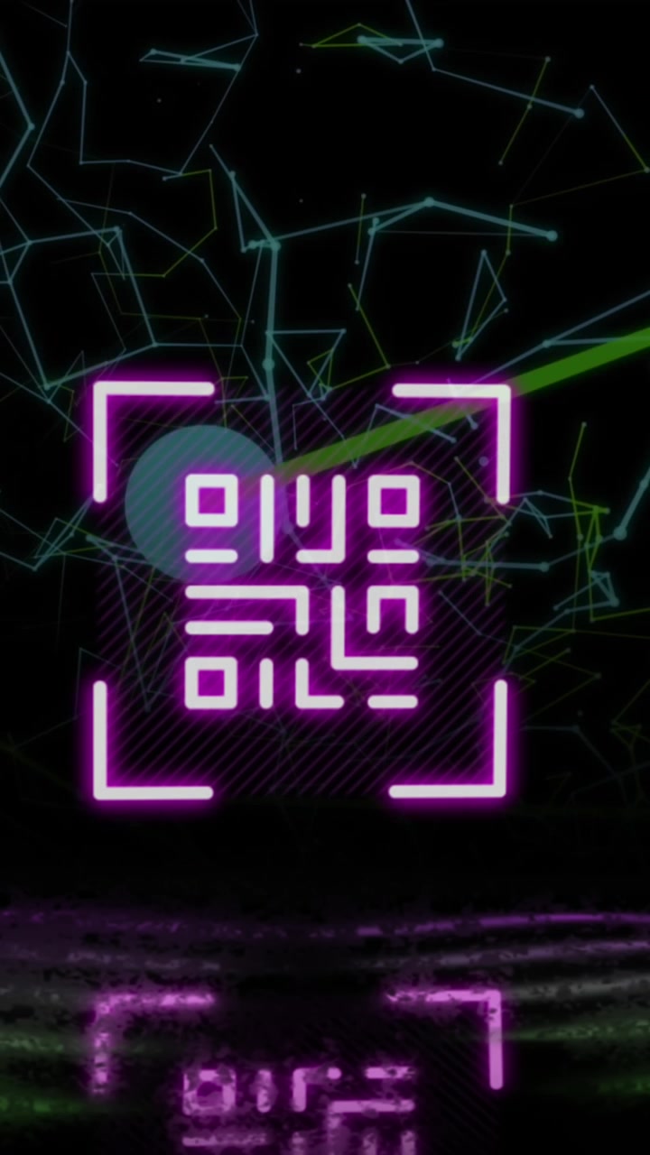 Animation of qr code over neon shapes and network of connections on black background