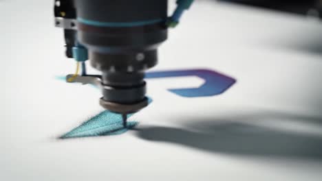 precision crafting: captivating close-up of innovative machinery creating intricate patterns on canvas with distinctive color gradients and textures