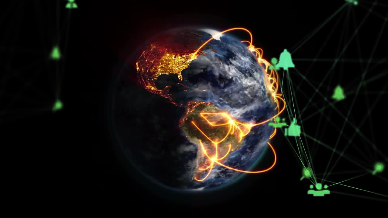 анимация сети соединений с иконами по всему миру