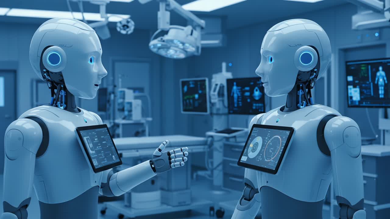 Two Advanced Surgical Robots Engaging in Conversation in a High-Tech Operating Room for Future Healthcare Innovations and Medical Assistance