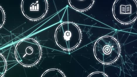 animation of network of connections and digital icons against black background