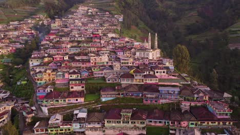 Drone-view-of-beautiful-colorful-village-in-Nepal-Van-Java-on-Mount-Sumbing,-Central-Java,-Indonesia,-aerial