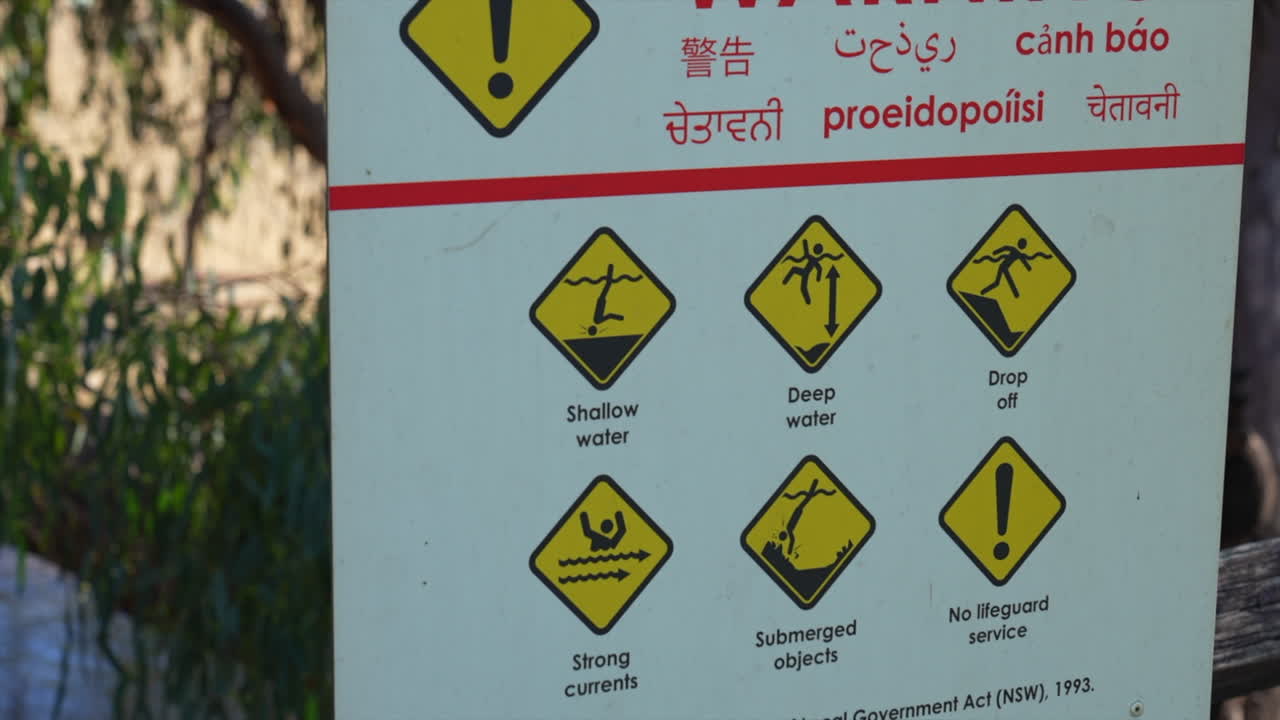 Danger and hazard signage on the banks of the Darling River in Bourke, NSW Australia