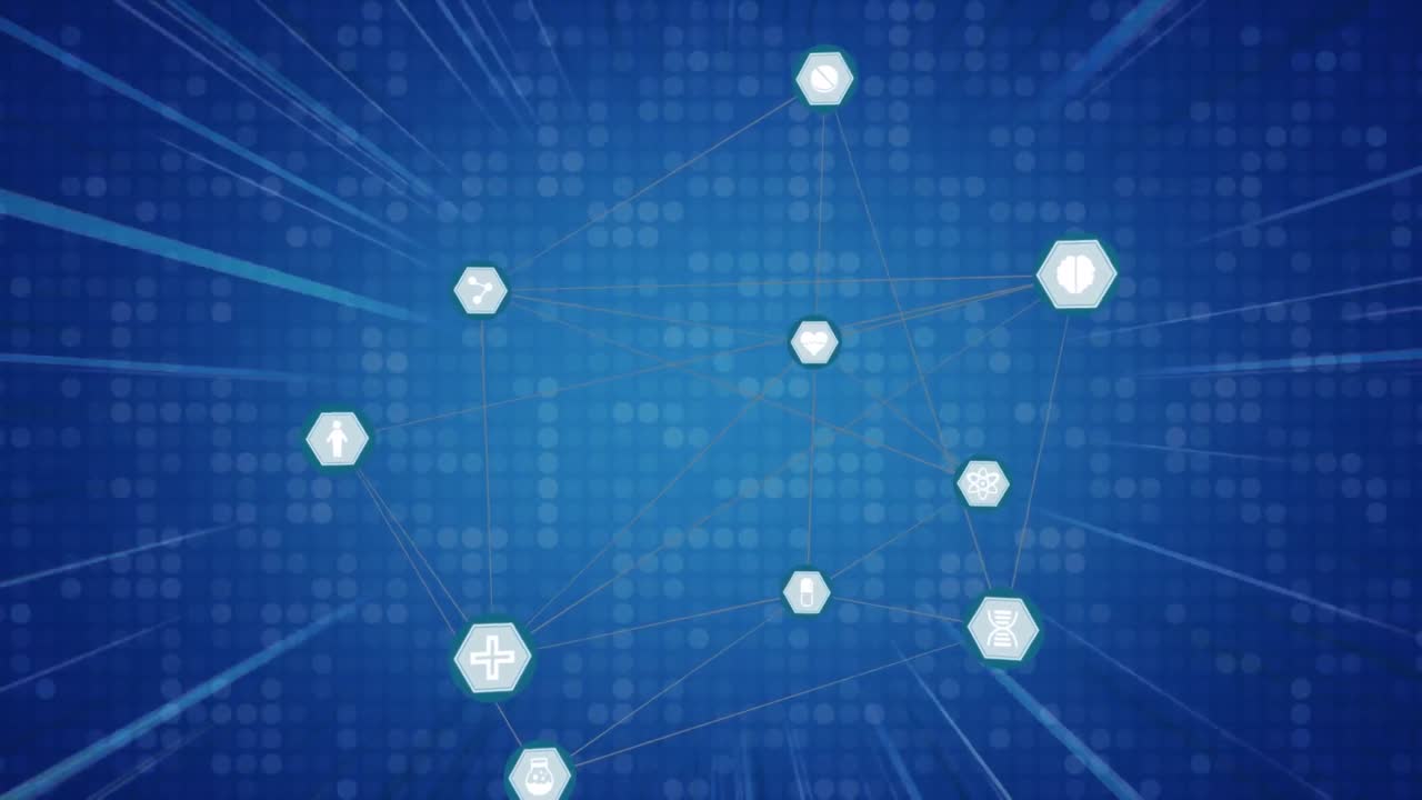 파란색 배경에 빛의 흔적과 모자이크 사각형에 대한 디지털 아이콘의 네트워크