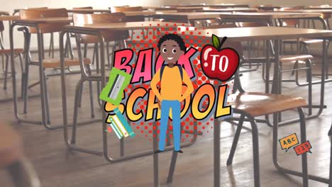 animation of school items icons and back to school text over empty classroom
