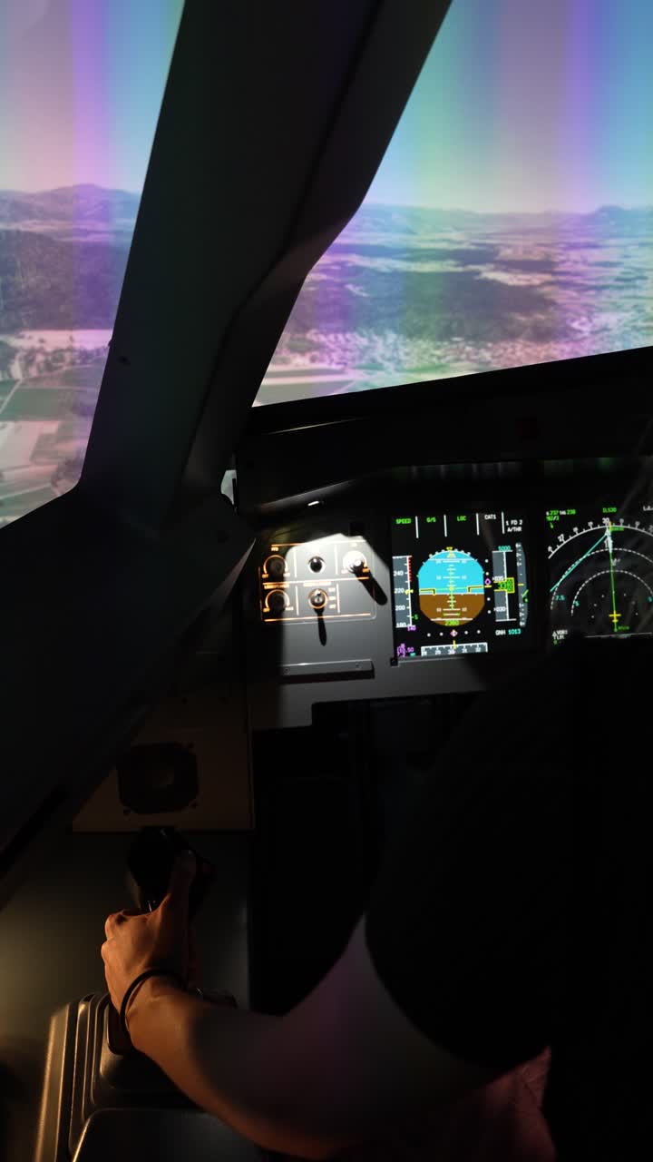 Flight simulator flying school training behind trainee pilot view Airbus A320 vertical video