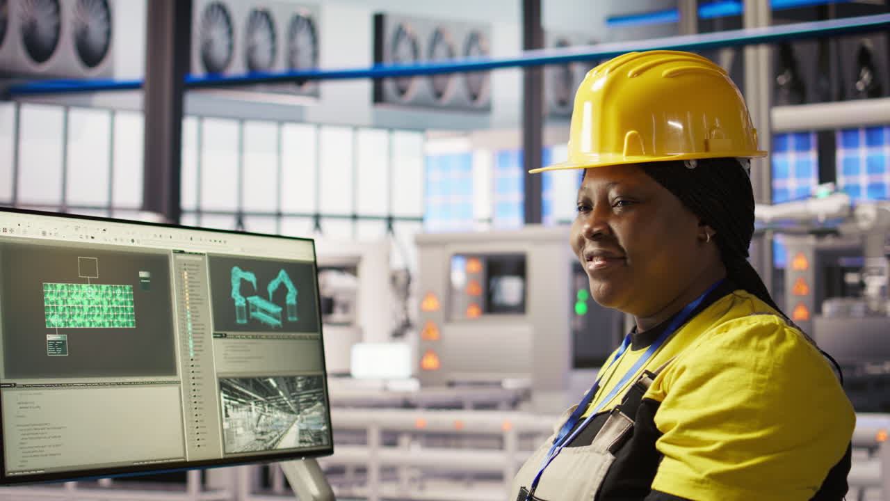 Vertical video Happy engineer in smart photovoltaics factory looking at system performance