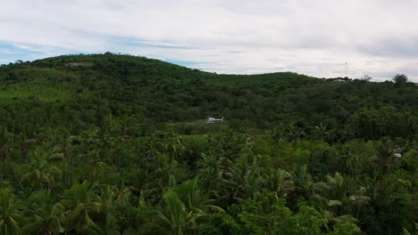 Aerial-over-lush-coconut-trees-and-helicopter-with-spinning-blades-on-helipad