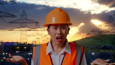 close up of wondering asian female engineer with safety helmet saying why working doubtfully near high voltage tower