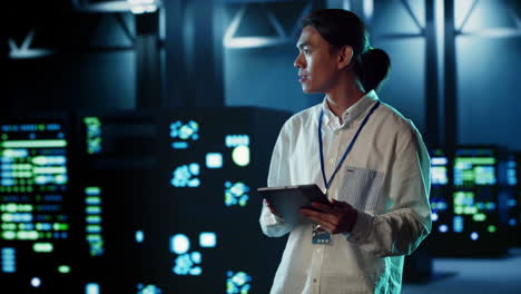 engineer strolling through data center