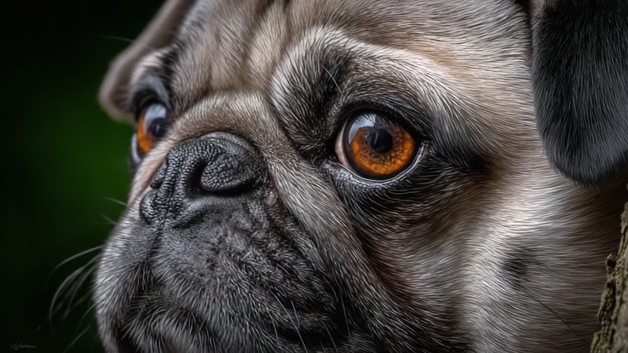 Nærbillede af en mops med intense øjne og detaljeret pels, der fanger denne elskede hunderaces unikke udtryk og karakteristika